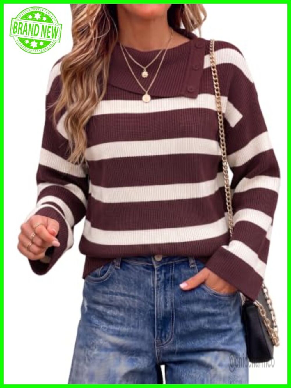 Striped Turtleneck Knit Pullover Sweater with Button Collar Bell Sleeves